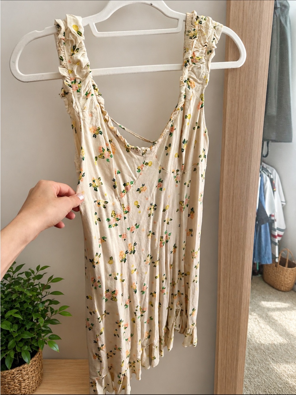 Free People Cream Floral V-Neck Ruffle Mini Dress (Like a Lady Dress)
